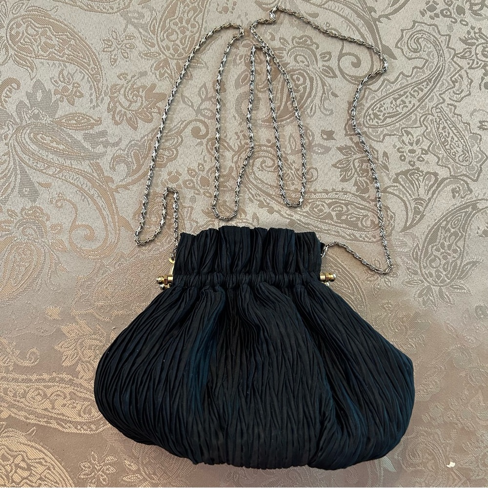 Vintage Vanessa Black Pleated Handbag with Golden Hardware